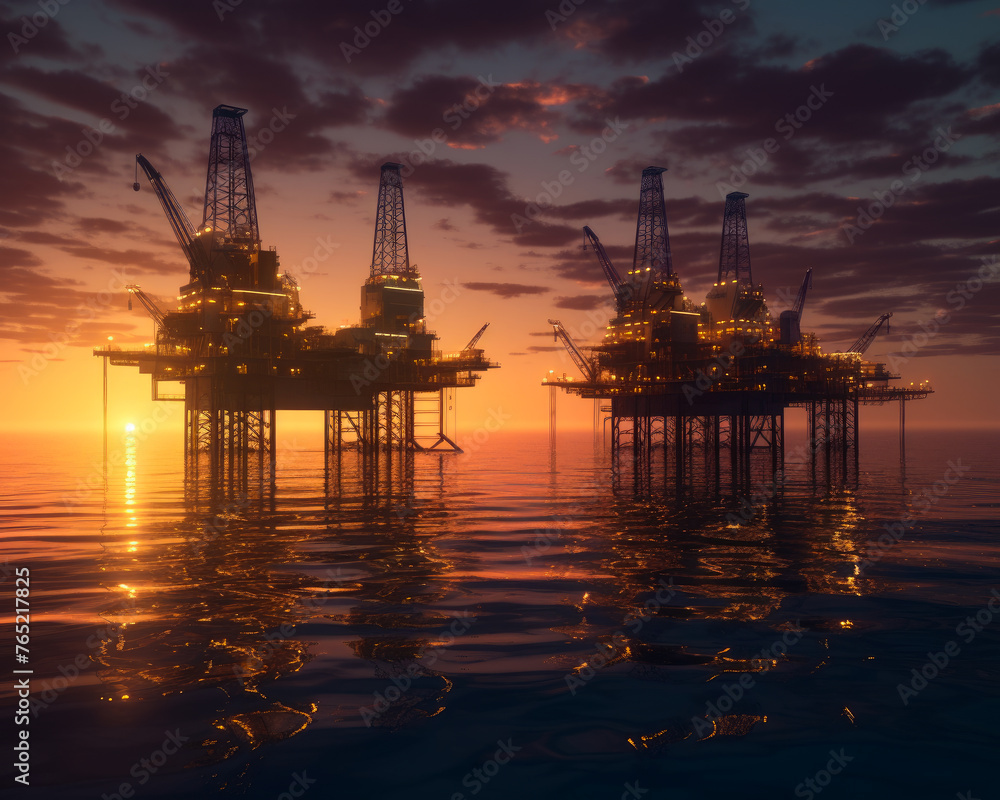 Oil platform on the ocean. Beautiful sunset.
