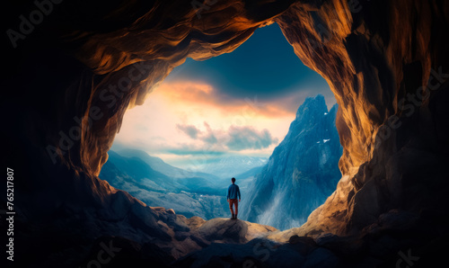 Traveler stands in front of dark cave