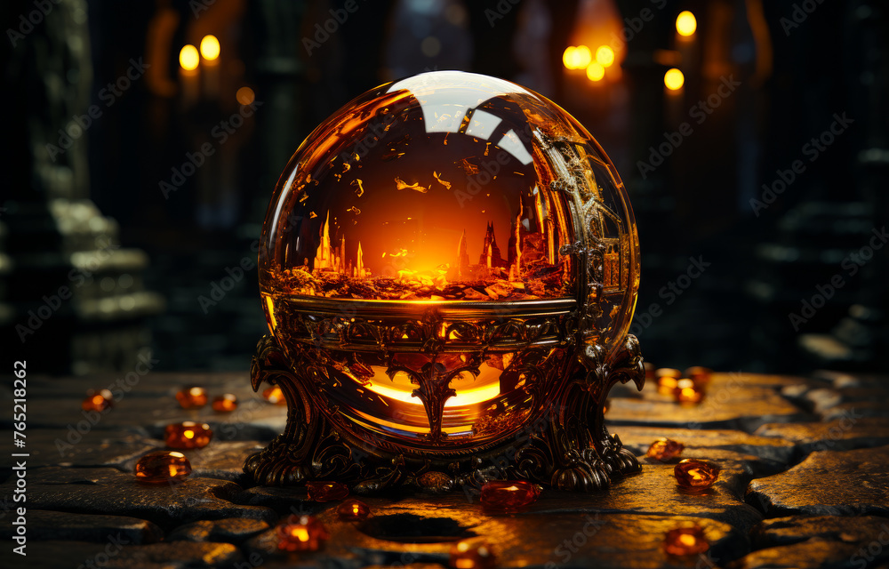 Halloween pumpkin and crystal ball in the magic forest - obrazy, fototapety, plakaty 