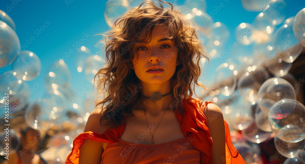 Beautiful young woman with long curly hair posing among the many transparent balloons Beautiful young woman with long curly hair posing among the many transparent balloons