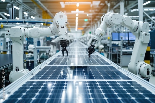 Automated factory with white robot arms assembling solar panels. photo