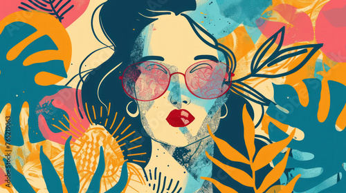 modern tropical female portrait illustration with vibrant colors and floral elements