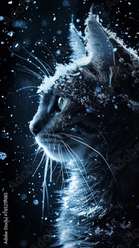 A majestic black cat gazes forward  crowned with snow  against a backdrop of falling snowflakes in the silent night