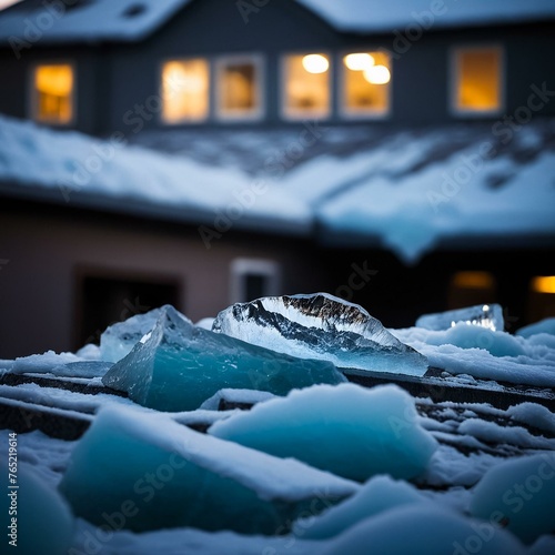 Glacier on the roof in the city in winter. Generative AI