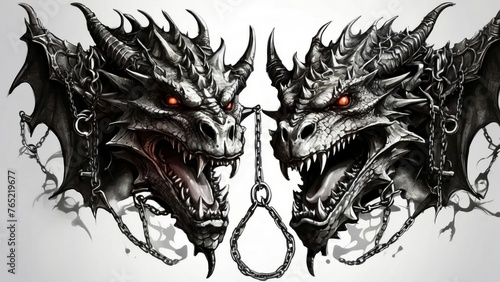 dragon head with chains for tattoo design illustration, clipart © Reha