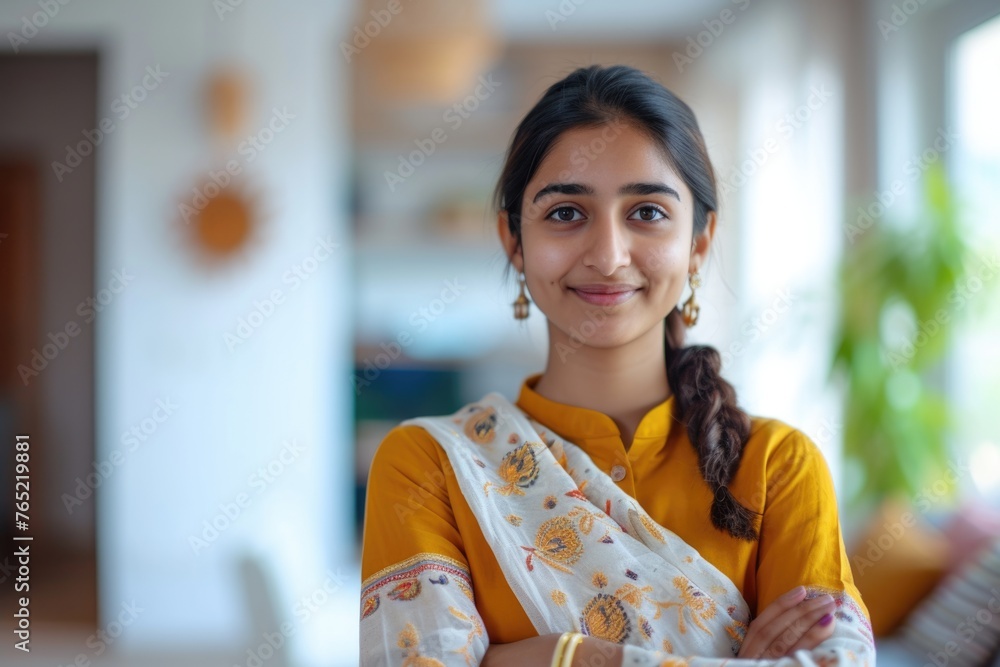 Confident Indian woman posing for a portrait at home. Confident Indian woman posing for a portrait at home.
