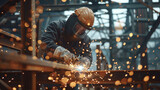 A welder in helmet working on towering beams with hot welding sparks