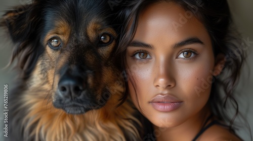 Woman with Striking Eyes and Her Shepherd Dog Share an Intimate Gaze