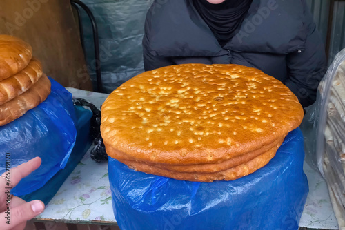 Dagestan pastries. Bread on counter in the Dagestan market. photo