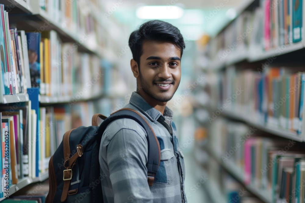 Cheerful Indian student with backpack in library. Cheerful Indian student with backpack in library.