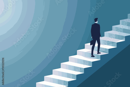 Upward career trajectory, ambitious professional creating stepping stones to job promotion, rising through ranks by building staircase of achievements.