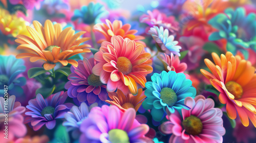 a colorful bouquet of flowers in the style of 3D rendering with a cartoon style and light background