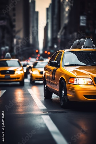 yellow taxi car in traffic on a city street slow motion Generative AI © València