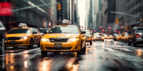 yellow taxi car in traffic on a city street slow motion Generative AI photo