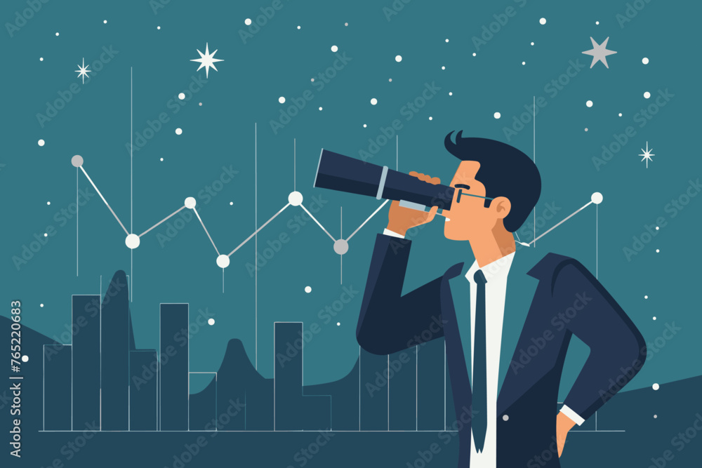Visionary Businessman Peering Through Telescope at Rising Graph ...