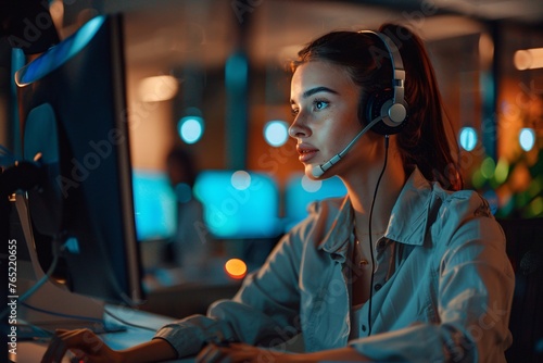 Friendly female customer service helpline operator working on computer in ofice