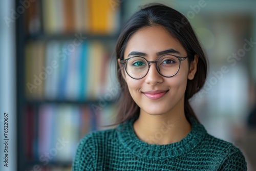 Confident young Indian woman smiling in classroom or office.