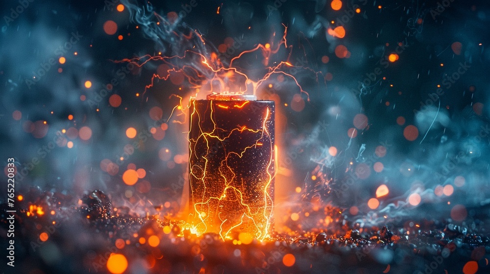 Embark on a journey of mysticism as you witness a battery charger, its close-up view illuminated by the crackling energy of lightning, each bolt a conduit for the magic of power and renewal - obrazy, fototapety, plakaty 