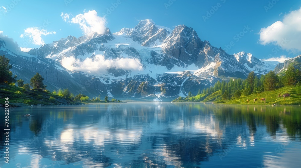Mountain reflected in lake, with trees by waters edge