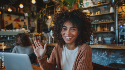 Coffee Shop Meeting: Capture an image of a female entrepreneur meeting with clients or partners in a cozy coffee shop environment. The businesswoman extends a welcoming hand. Generative AI