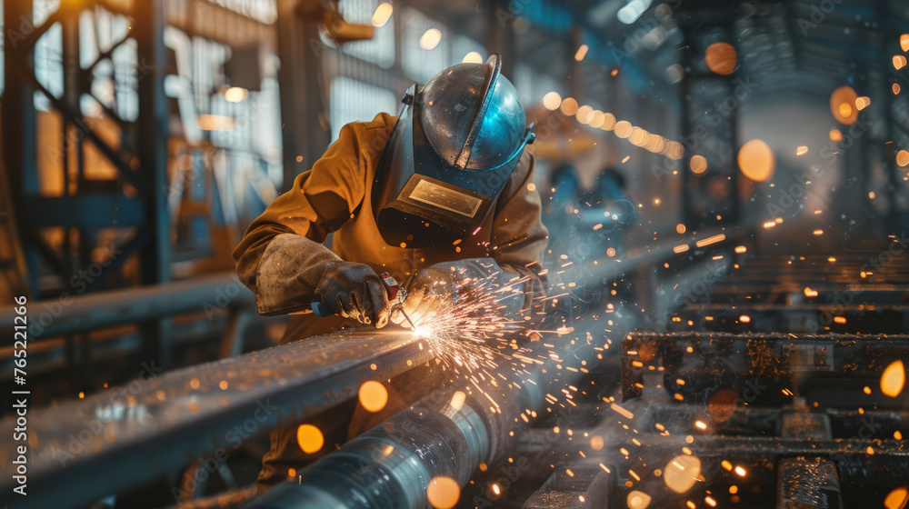 A welder in helmet working on towering beams with hot welding sparks A welder in helmet working on towering beams with hot welding sparks