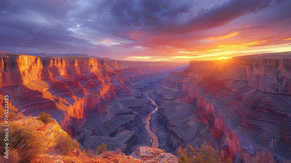 Sun setting on Grand Canyon, painting the sky with vibrant colors