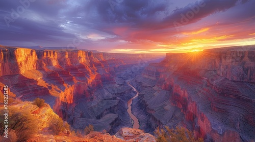 Sun setting on Grand Canyon, painting the sky with vibrant colors