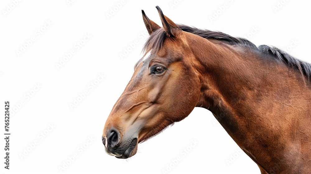 Obraz premium Brown Horse Portrait on White Background, Equine Head Shot with Calm Expression, Animal Photography