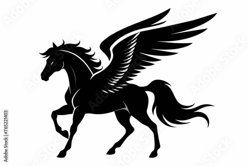 Horse spreads its wings full body silhouette on white background 