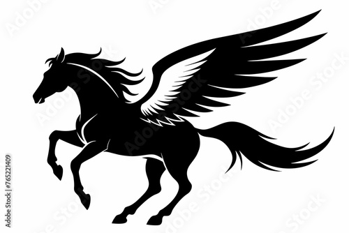 Horse spreads its wings full body silhouette on white background  