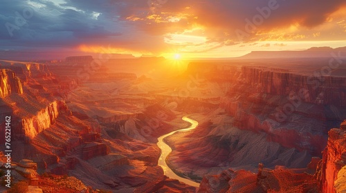 the sun is setting over a canyon with a river running through it