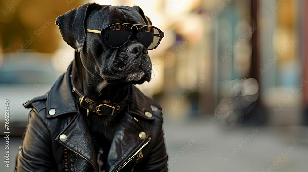 Cool dog with leather jacket and sunglasses showing attitude and style, AI-generated portrait