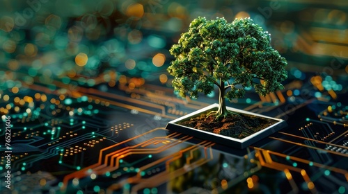 Computer circuit board with tree growing in soil, green computing and technology concept, digital illustration