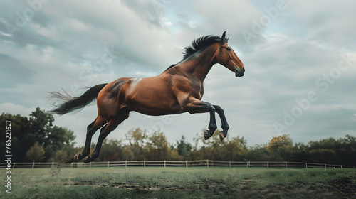 Aerial Symphonie: A Majestic Horse Captured in Full Leap against a Verdant Landscape