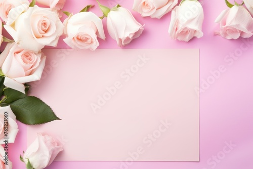 Elegant white roses arranged next to a blank card on a pink surface, perfect for heartfelt messages. White Roses and Blank Card on Pink Surface