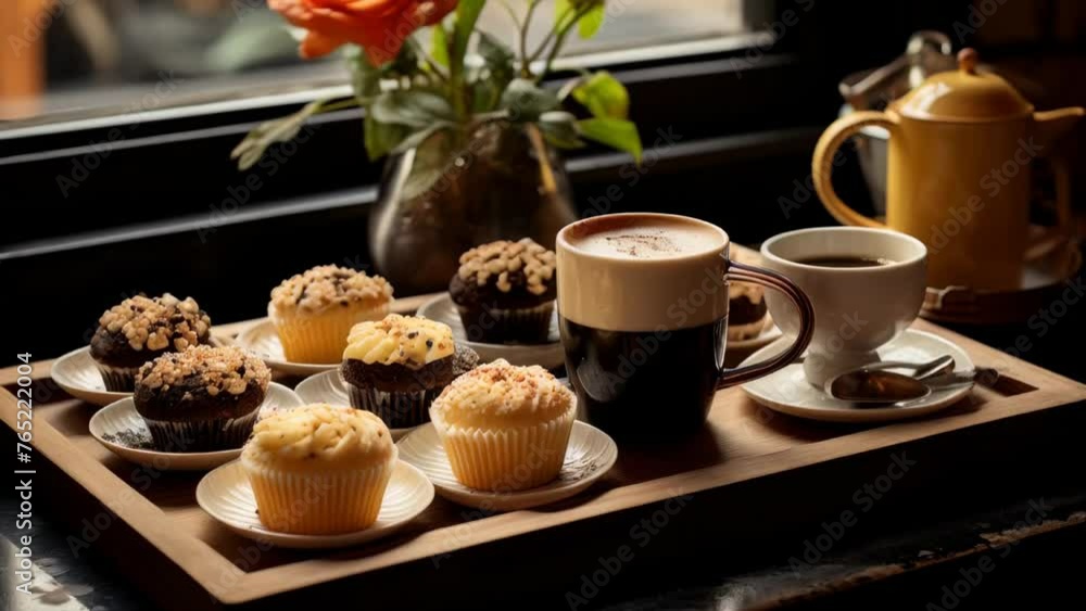 Tray of cupcakes and cup of coffee sit on table Tray of cupcakes and cup of coffee sit on table