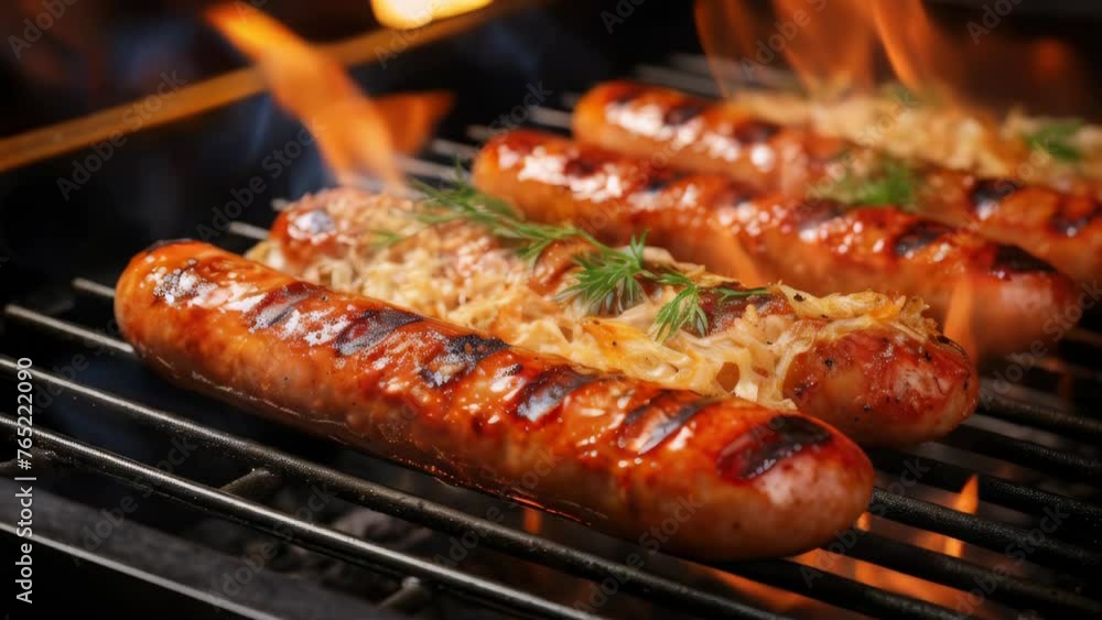 Three hot dogs are on grill, with one of them having dill topping Three hot dogs are on grill, with one of them having dill topping