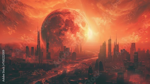Dystopian cityscape on Mars, surreal science fiction digital illustration