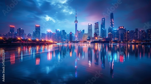 City lights dance on the waters surface, mirroring the skyline at night