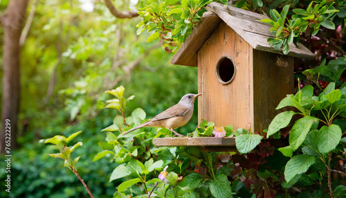 Close-up of bird and wooden birdhouse. Beautiful nature. Spring or summer season. Blurred forest