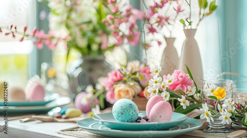 Festive Easter Table Setting with Colorful Eggs and Spring Flowers