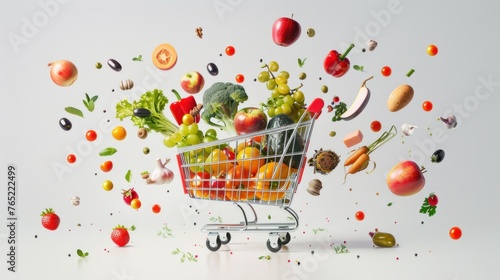 Assorted fruits and vegetables falling into shopping basket on white background