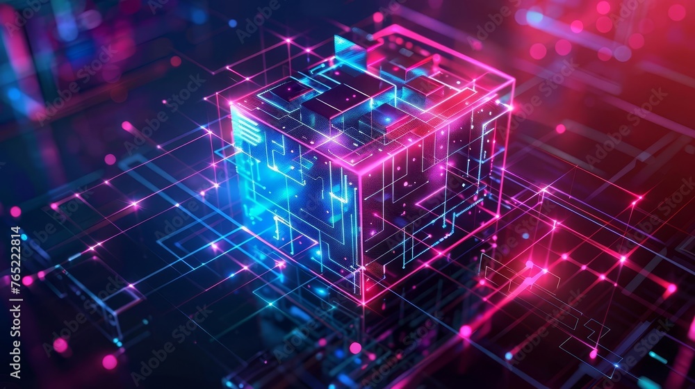 Fototapeta premium Hi-Tech Neon Luminous Cube, Abstract Technology Background Illustration