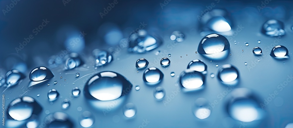 Capturing the intricate details, this image shows a cluster of tiny water droplets scattered across a smooth surface