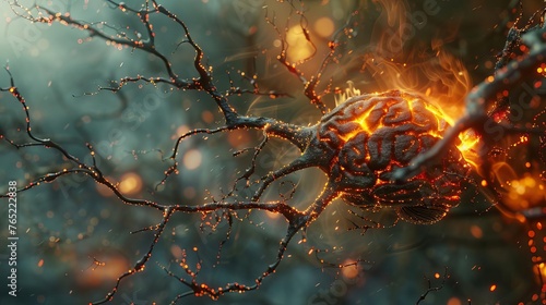 Human Brain Neurons Firing with Intricate Neural Extensions, Medical 3D Illustration photo