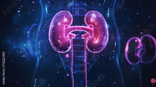 Human urinary system anatomy with kidneys and bladder, 3D medical illustration