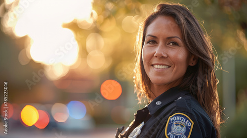 Beautiful smiling policewoman in uniform looking at camera