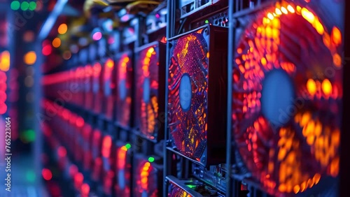 Cryptocurrency Mining Rigs with Red Glowing Cooling Fans photo