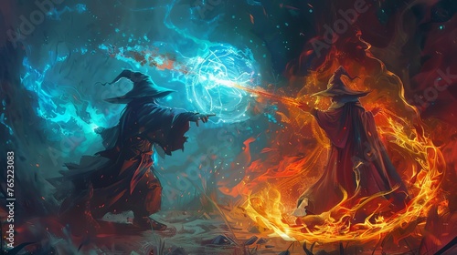 Magical Duel Between Wizards, Dynamic Fantasy Action Scene, Digital Illustration
