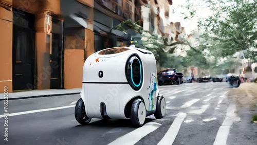 An autonomous delivery robot navigates a city sidewalk, symbolizing the integration of AI into urban logistics. This represents the future of automated transportation. photo